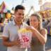 Classic red and white striped popcorn tub, 130 oz, being shared with two people eating popcorn